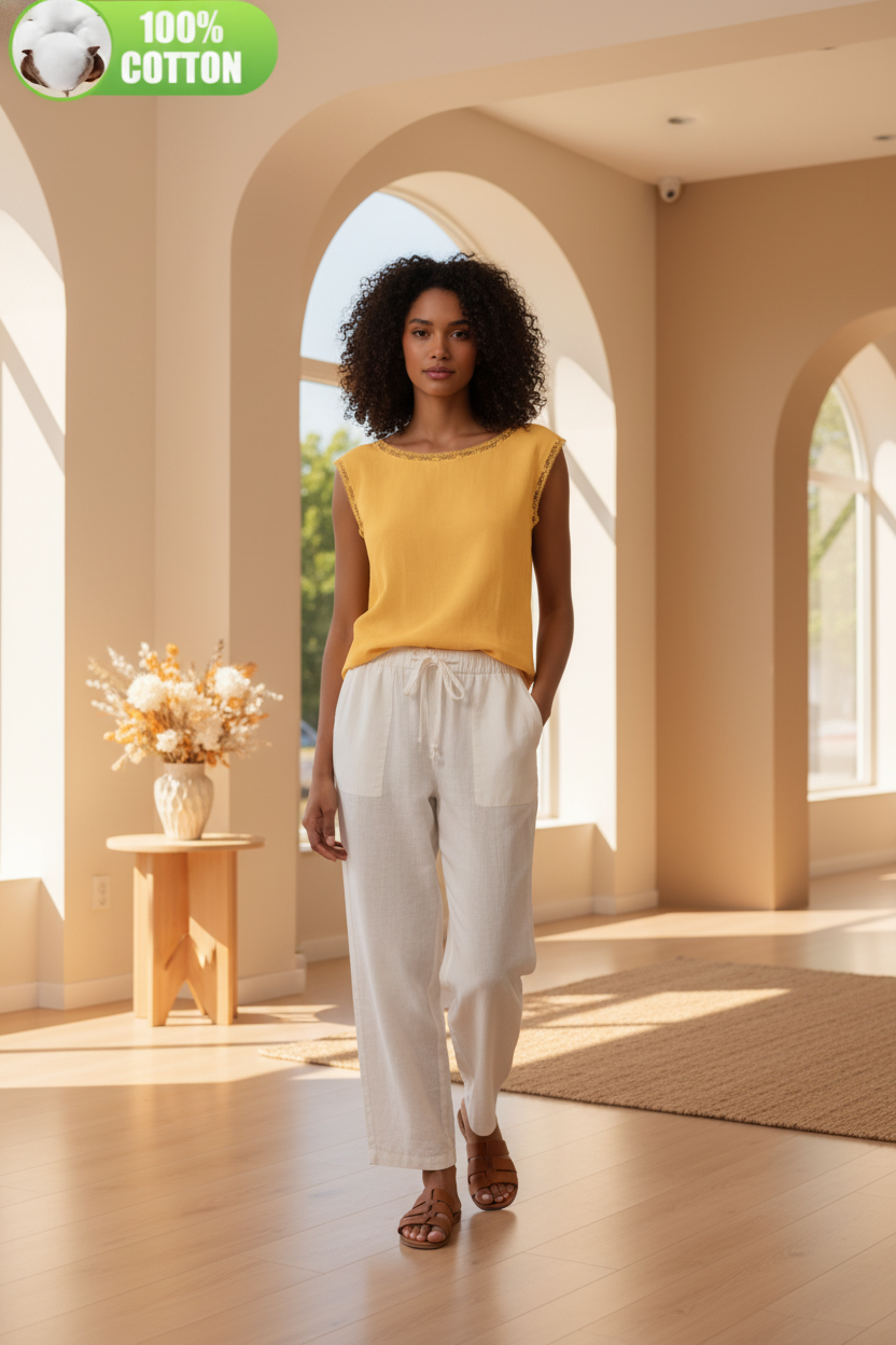 Diverse model wearing 'LUNA' in a modern, airy fashion boutique with ivory walls and warm lighting, embodying effortless eleg