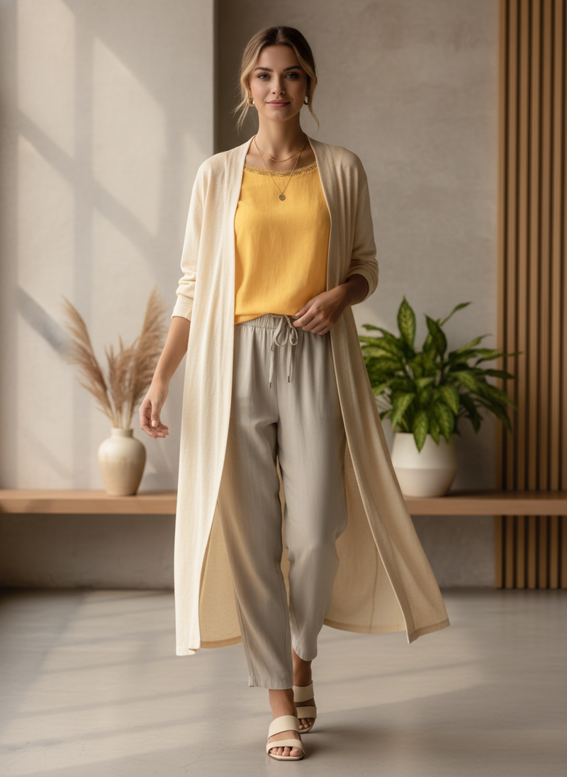 A diverse woman wearing a stylish layered outfit, embodying effortless summer elegance, in a light, airy setting with soft sh