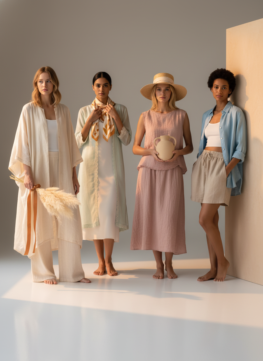Diverse women modeling various light, layered fashion pieces from the LUNA collection with effortless elegance against a clea