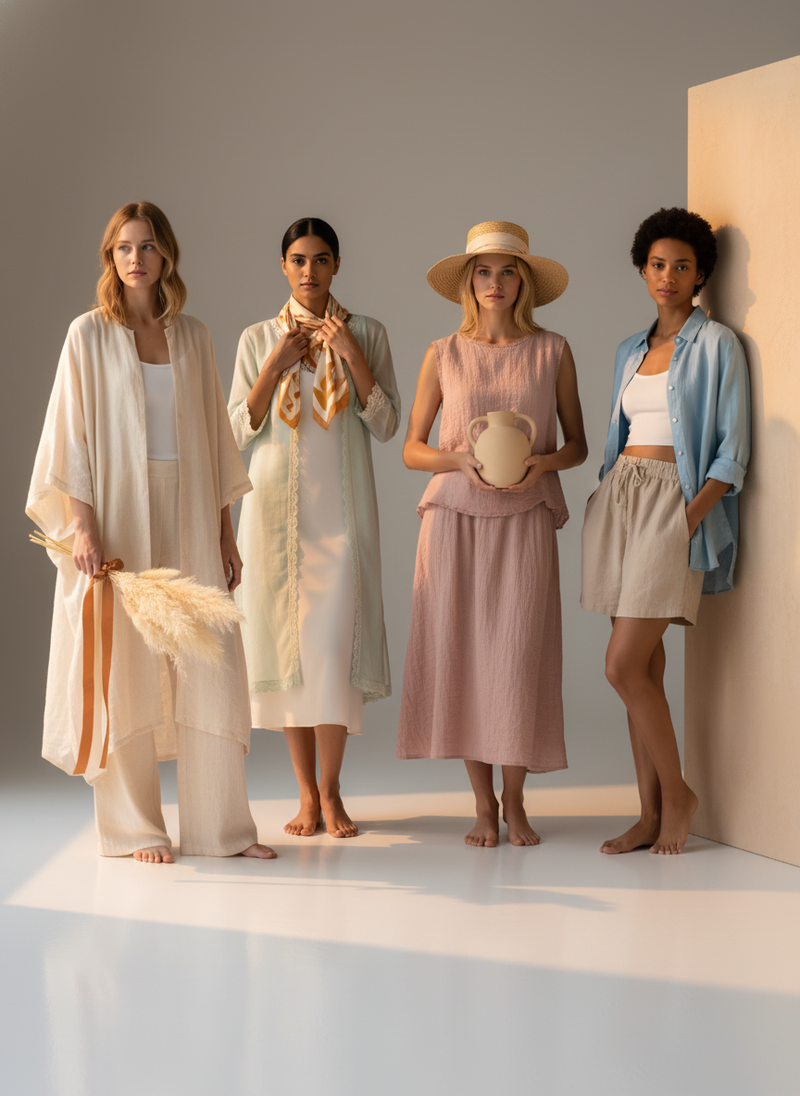 Diverse women modeling various light, layered fashion pieces from the LUNA collection with effortless elegance against a clea
