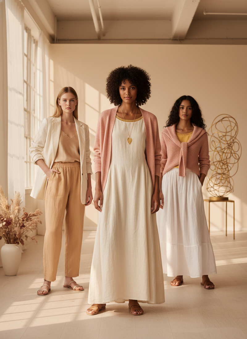 Diverse women elegantly layer clothing, including the 'LUNA' item, in a bright, modern, and sophisticated editorial fashion p