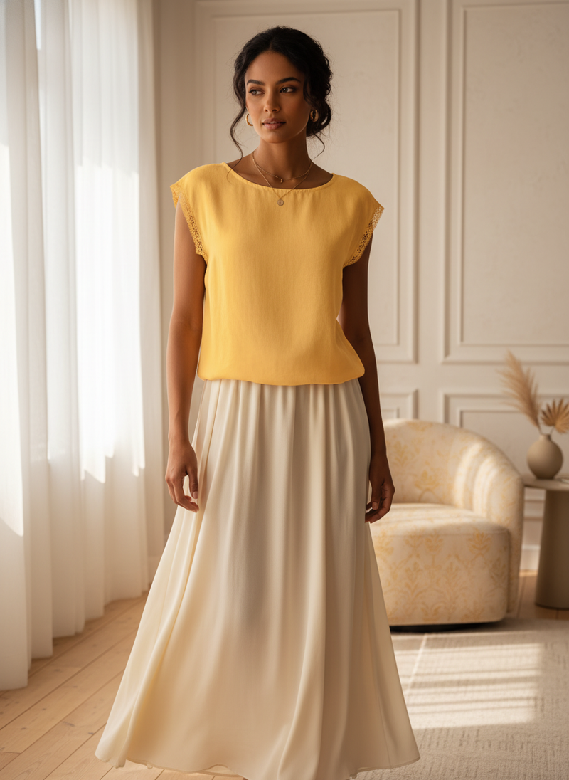 A diverse woman wears a "LUNA" top in a light-filled, airy setting, styled as an elegant and versatile layer.