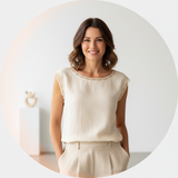 Circular portrait of Sienna Rivera, a stylish woman with dark hair, smiling confidently against a bright white background.