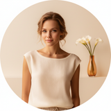 Circular portrait of influencer Elena Rossi smiling confidently, wearing a light-colored top against a warm cream background 
