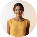 Circular portrait of Isabella Grant, a young woman with a warm, confident expression, against a clean white background with a